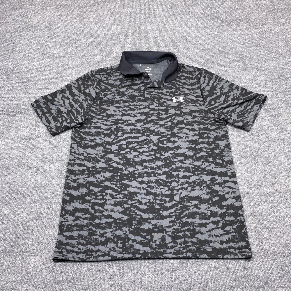 Under Armour Polo Shirt Mens Small Black Charcoal Digital Camo Performance Loose